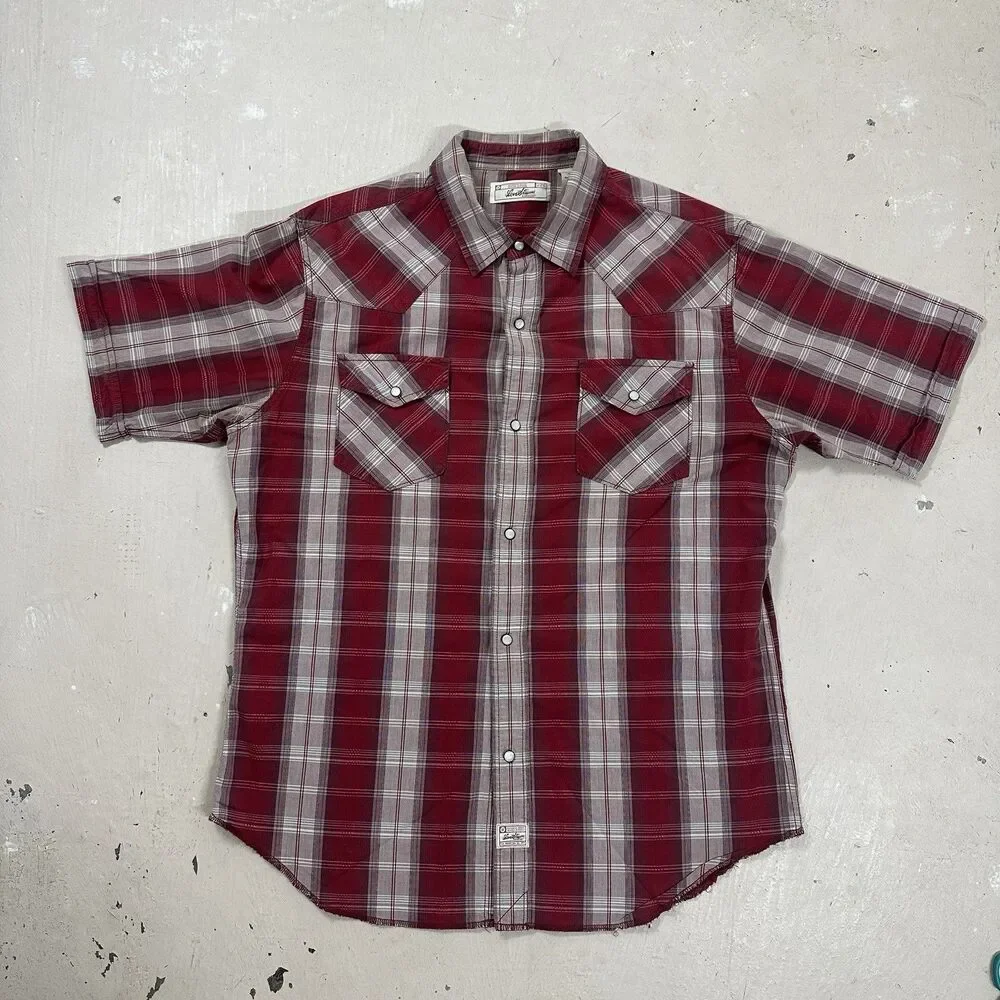 Levi’s Shirt Mens Large Red Western Style Button Up Plaid White pockets READ